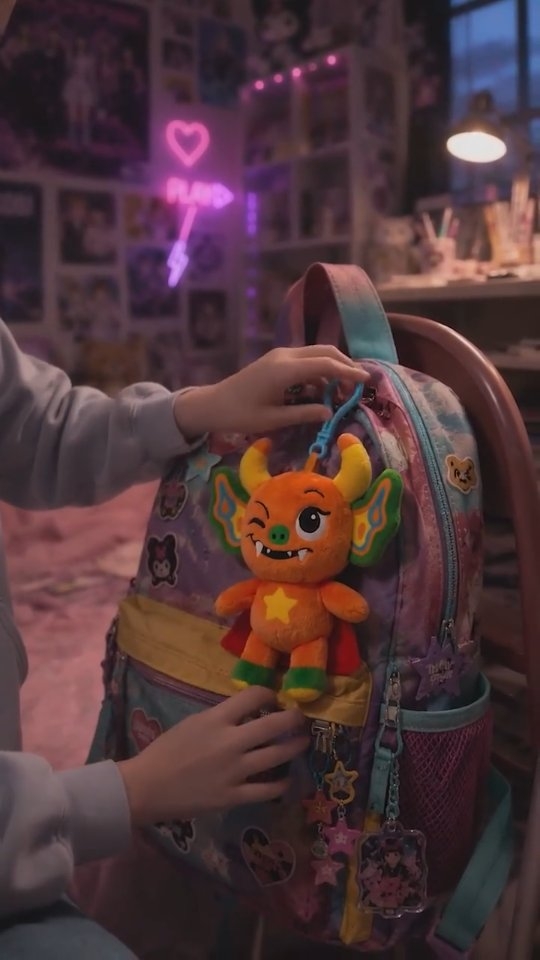 Reel de Monstricos con Blinky como accesorio de mochila